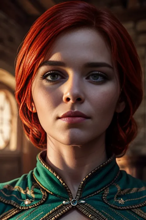 score_9, score_8_up, score_7_up, score_6_up, score_5_up, 1girl, Triss, Game of Thrones, tight green dress, red hair, (insanely d...