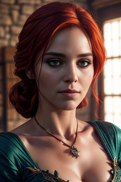 score_9, score_8_up, score_7_up, score_6_up, score_5_up, 1girl, Triss, Game of Thrones, tight green dress, red hair, (insanely detailed, beautiful detailed face, masterpiece, best quality) 