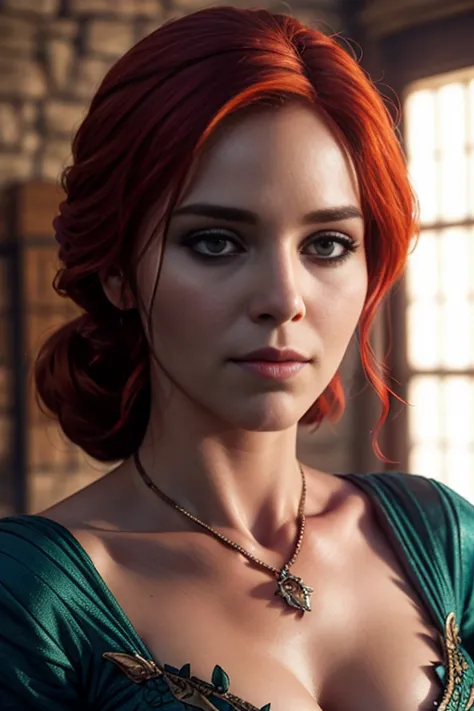 score_9, score_8_up, score_7_up, score_6_up, score_5_up, 1girl, Triss, Game of Thrones, tight green dress, red hair, (insanely d...