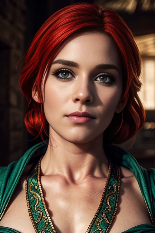 score_9, score_8_up, score_7_up, score_6_up, score_5_up, 1girl, Triss, Game of Thrones, tight green dress, red hair, (insanely detailed, beautiful detailed face, masterpiece, best quality) 