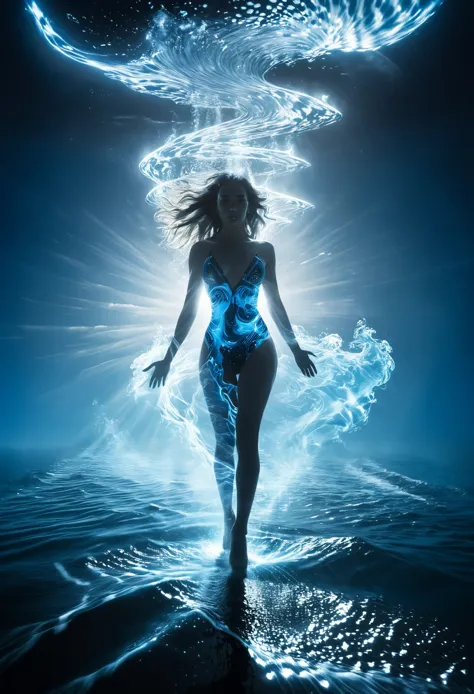 the goddess who controls the sea，walking ashore from the ocean，beautiful，backlight，surrealism，godhead，cyber surge，blue-black ton...