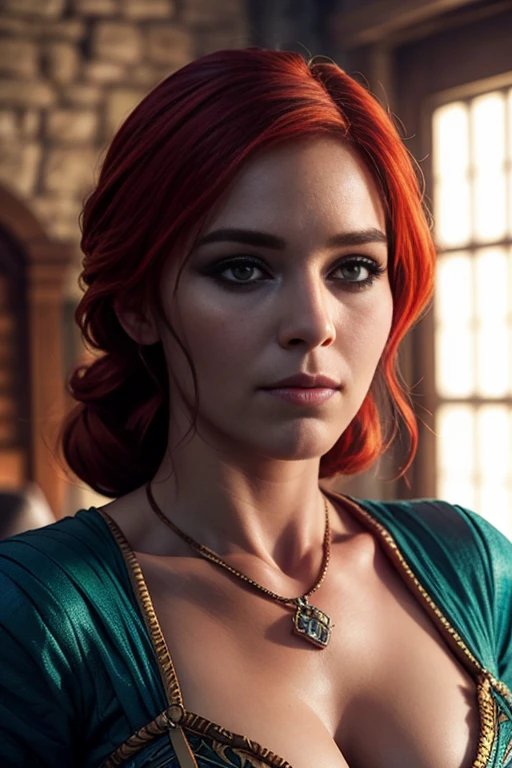 score_9, score_8_up, score_7_up, score_6_up, score_5_up, 1girl, Triss, Game of Thrones, tight green dress, cleavage, red hair, (insanely detailed, beautiful detailed face, masterpiece, best quality)