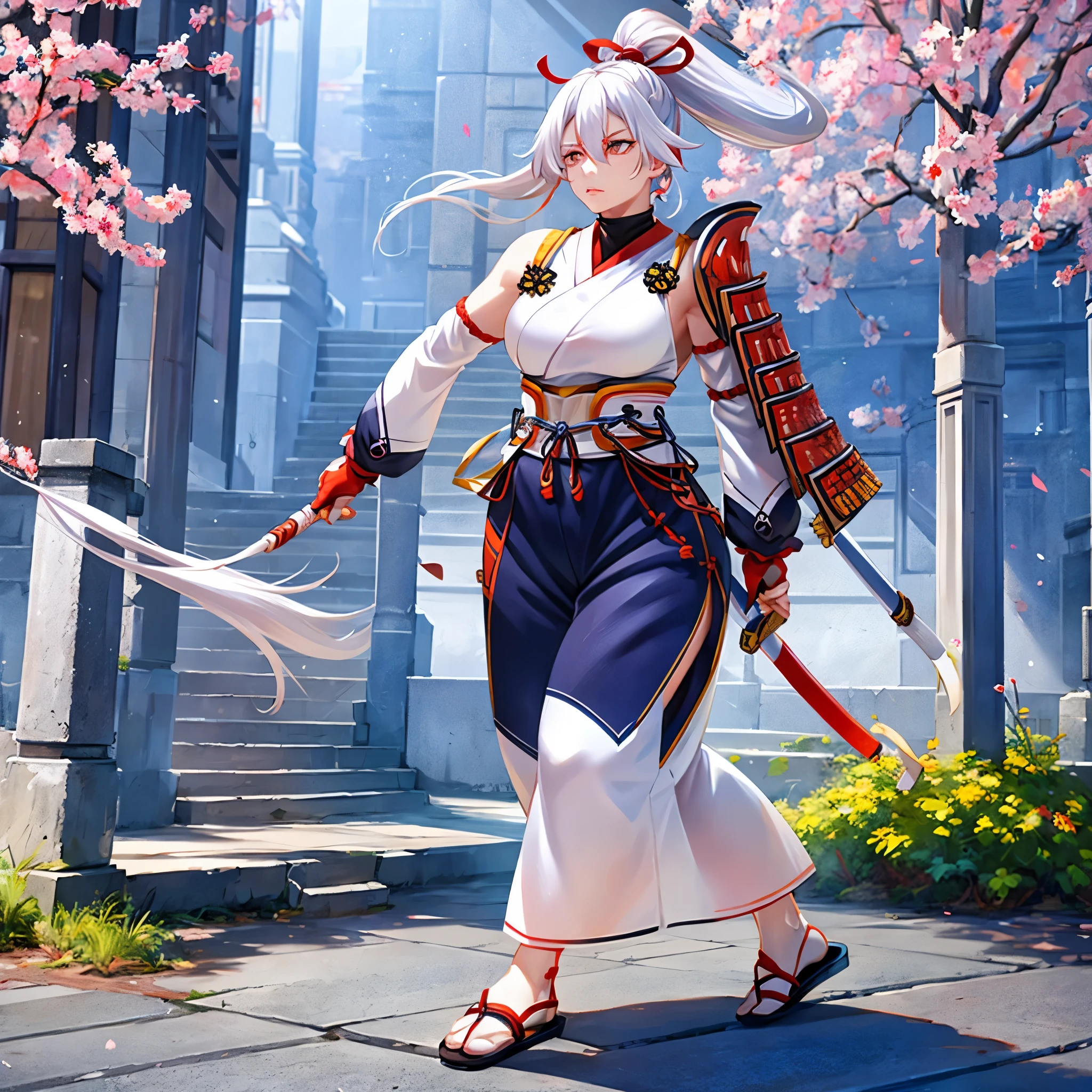 a woman wearing a white sleeveless samurai shirt, an orange samurai shoulder pad, dark blue samurai pants, white hair, ponytail hair, orange eyes, walking in an open area with a concrete floor, several sakura trees in the background, sakura leaves spreading around the place.HDR, ultra resolution, well defined, masterpiece, 8K HD. (solo woman)
