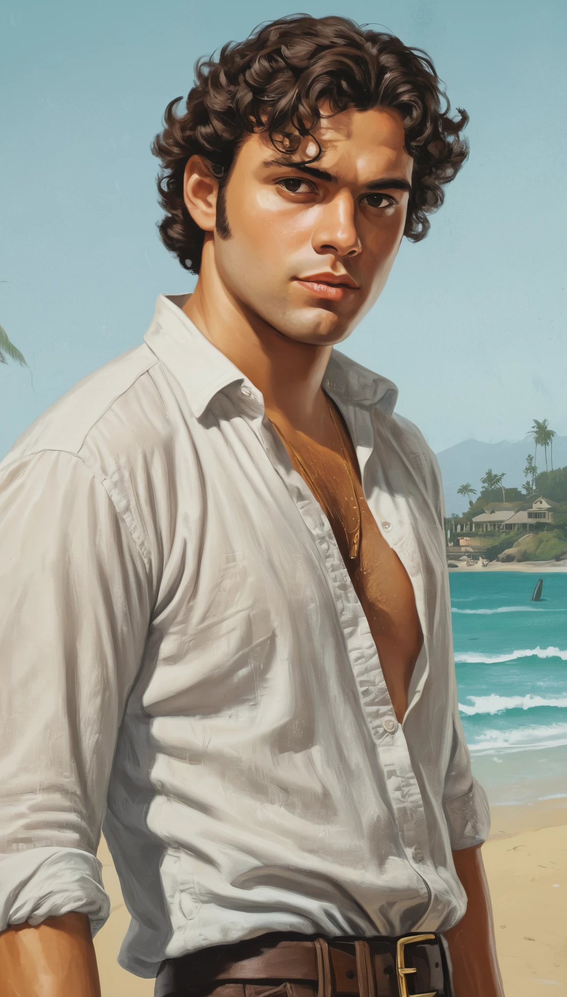 An illustrated movie poster of a pirate, 21 years-old, wearing a linen shirt, stocky, soft doughy physique, deep brown eyes, wide bulbous nose, full lips, black hair, curly swept-back hair, thick bushy eyebrows, extremely hairy chest, stomach, and arms, lots of body hair, posing on a tropical beach, hand-drawn, full color, multi-color, shadows, graphite shading, stencil marks, airbrushed acrylic paint, masterpiece, in the style of Grand Theft Auto V 
