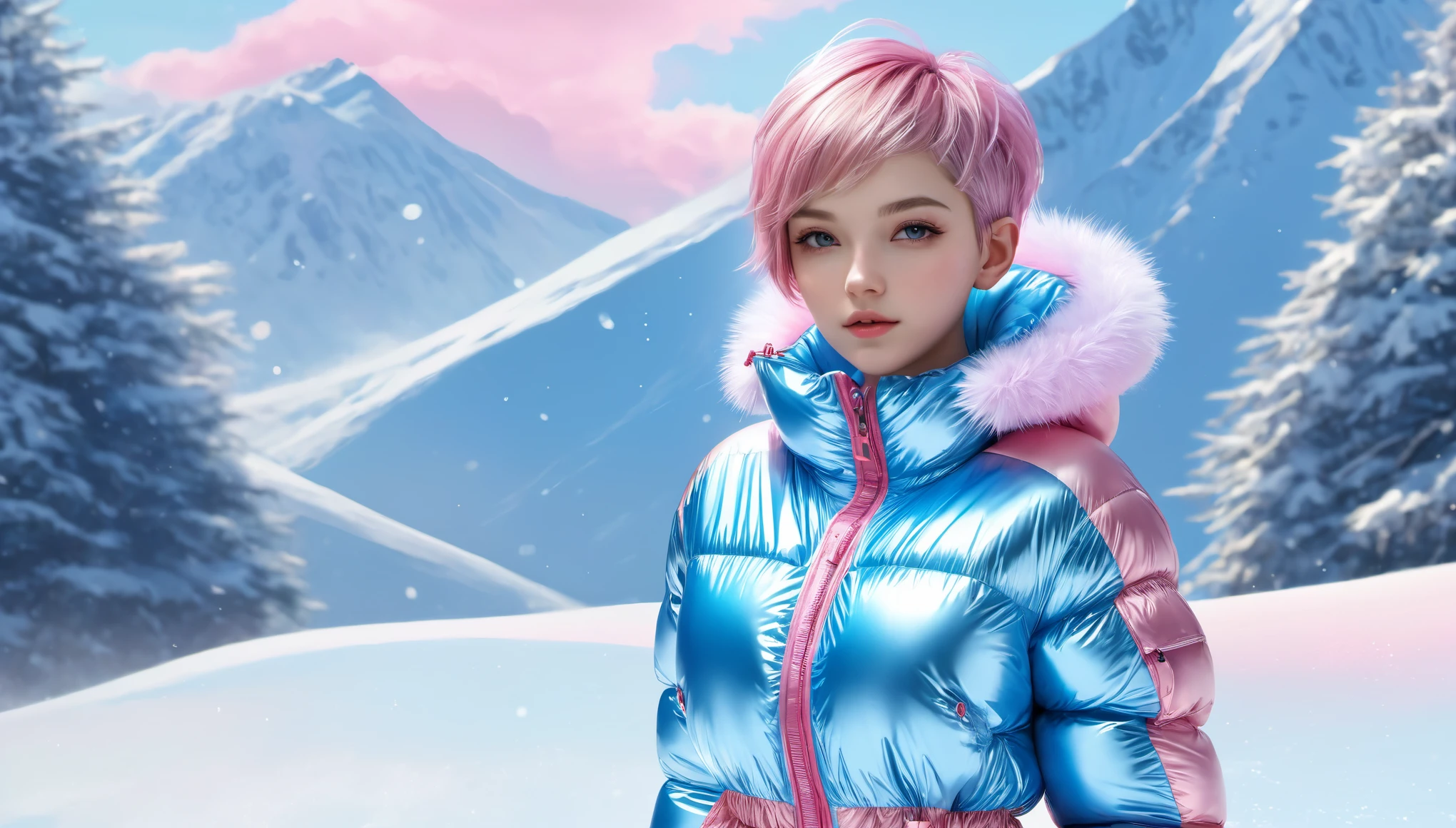 (best quality,highres,ultra-detailed,realistic,masterpiece:1.2), girl in opened oversized puffer jumpsuit, small breasts, small hips, pixie short shaved hair, shiny, light blue and pink:1.4