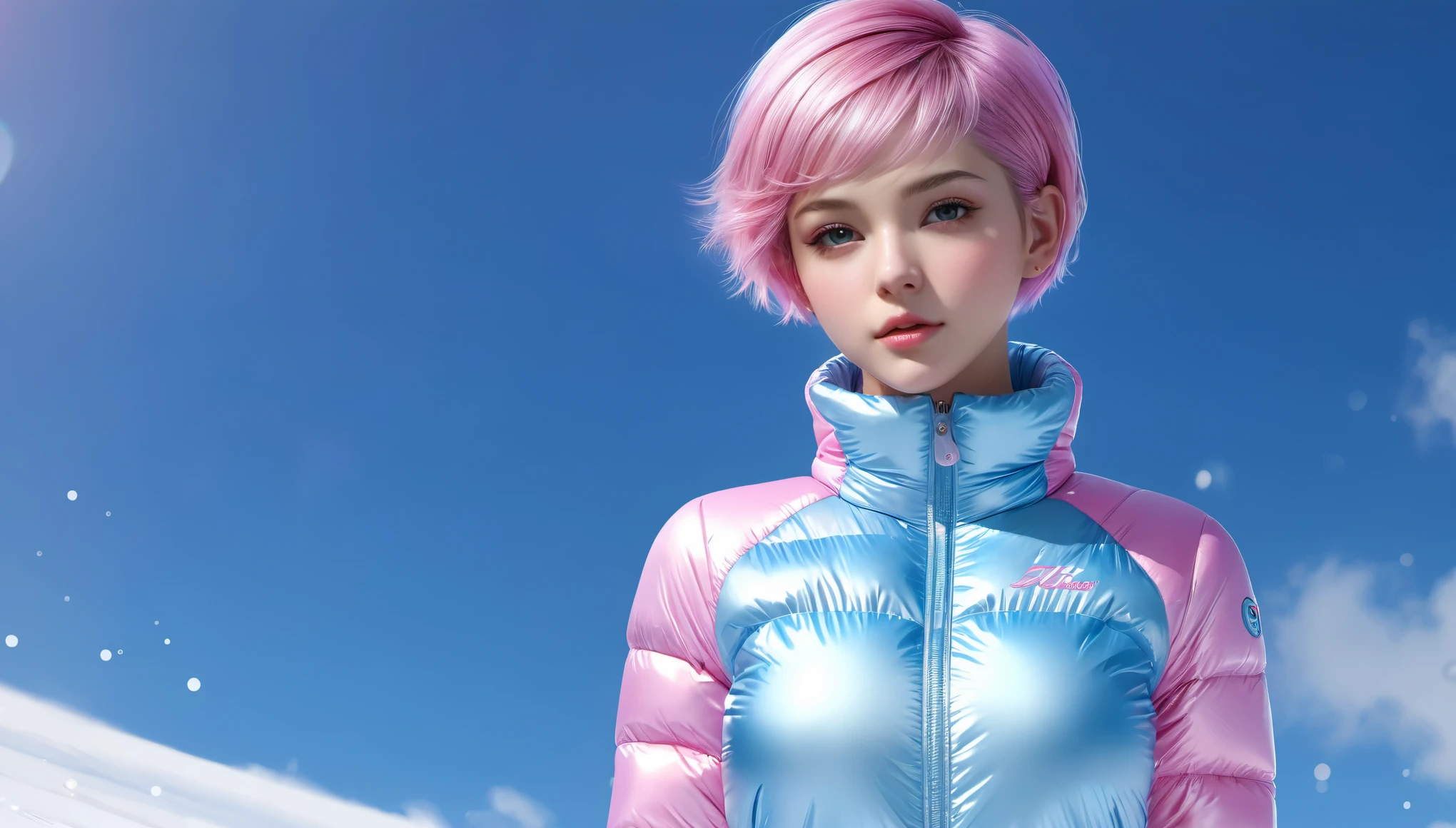 (best quality,highres,ultra-detailed,realistic,masterpiece:1.2), girl in opened puffer jumpsuit, small breasts, small hips, pixie short asymmetrical shaved hair, shiny, light blue and pink:1.4