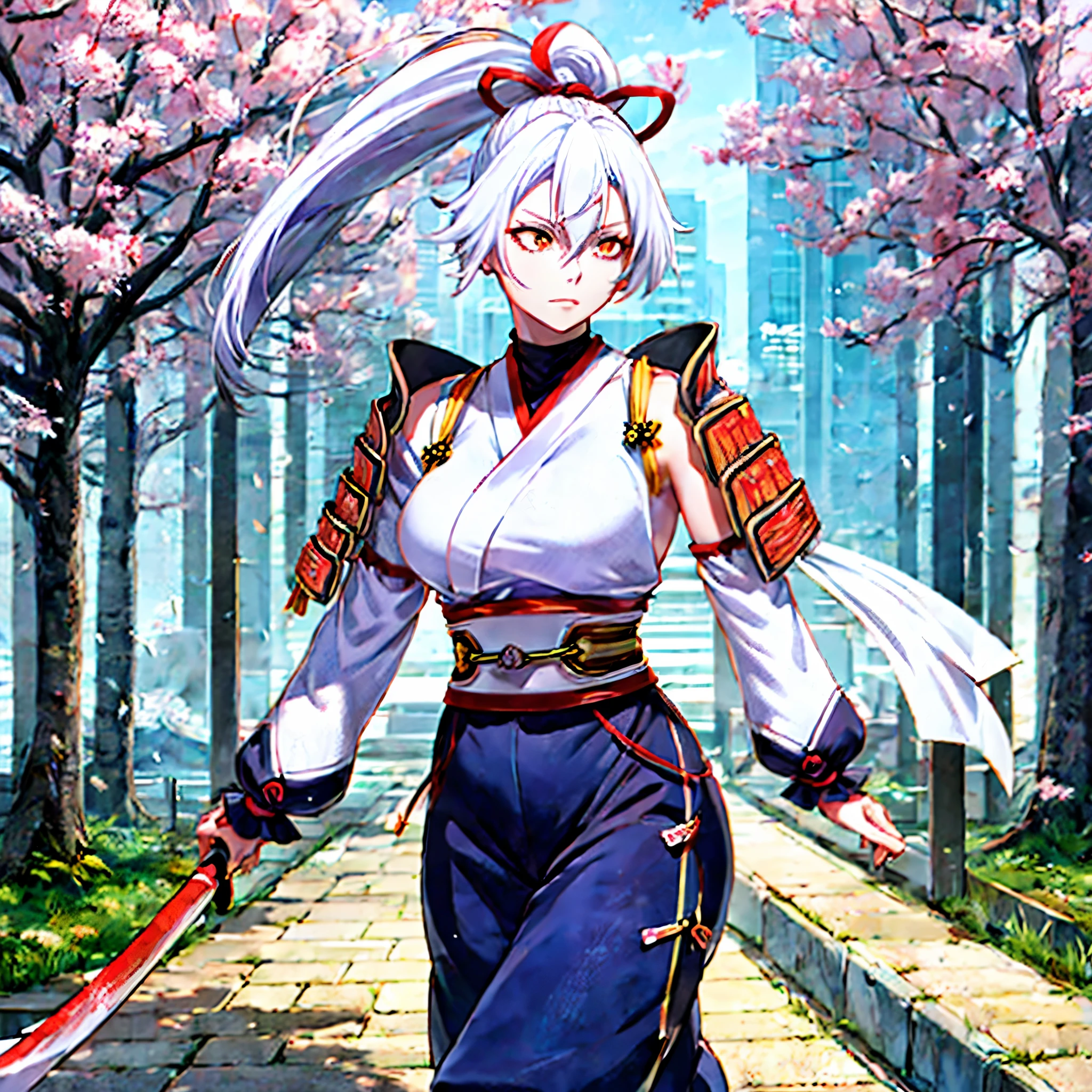 a woman wearing a white sleeveless samurai shirt, an orange samurai shoulder pad, dark blue samurai pants, white hair, ponytail hair, orange eyes, walking in an open area with a concrete floor, several sakura trees in the background, sakura leaves spreading around the place.HDR, ultra resolution, well defined, masterpiece, 8K HD. (solo woman)
