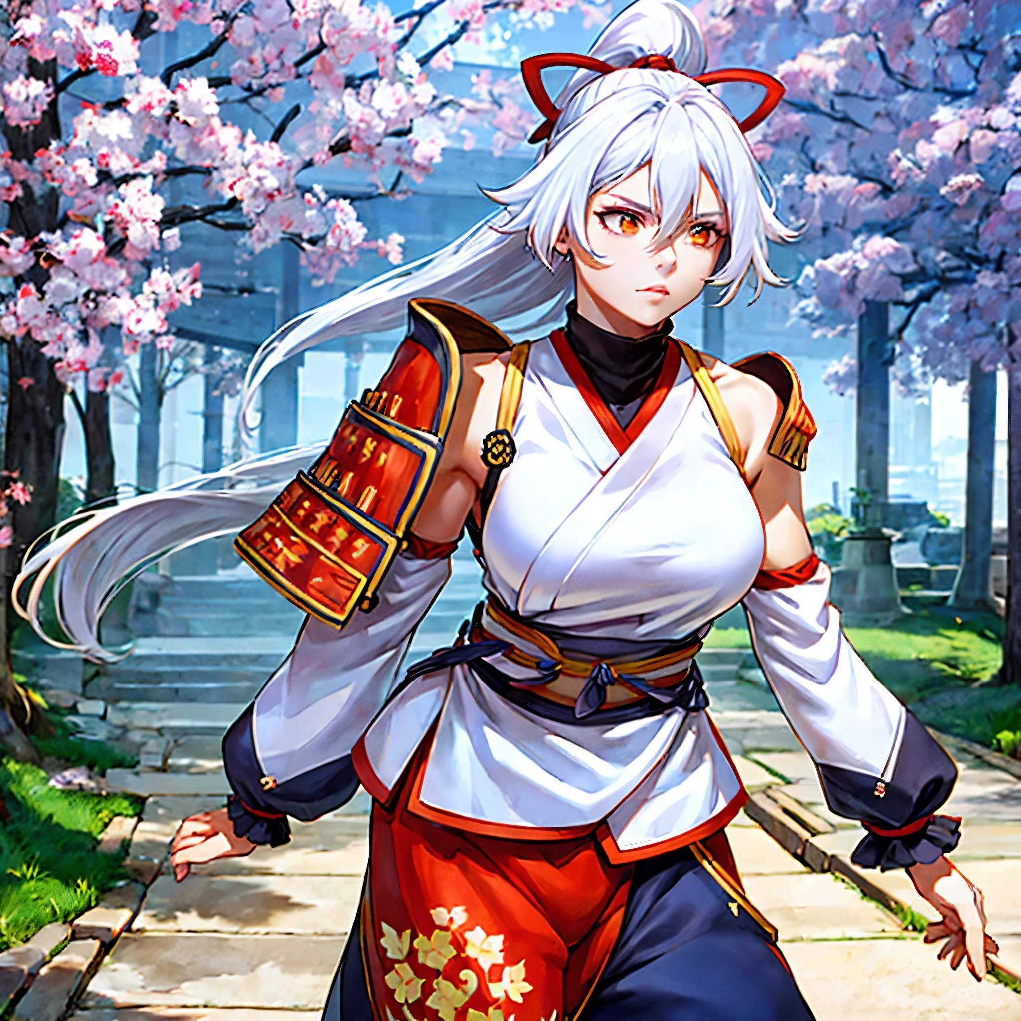 a woman wearing a white sleeveless samurai shirt, an orange samurai shoulder pad, dark blue samurai pants, white hair, ponytail hair, orange eyes, walking in an open area with a concrete floor, several sakura trees in the background, sakura leaves spreading around the place.HDR, ultra resolution, well defined, masterpiece, 8K HD. (solo woman)
