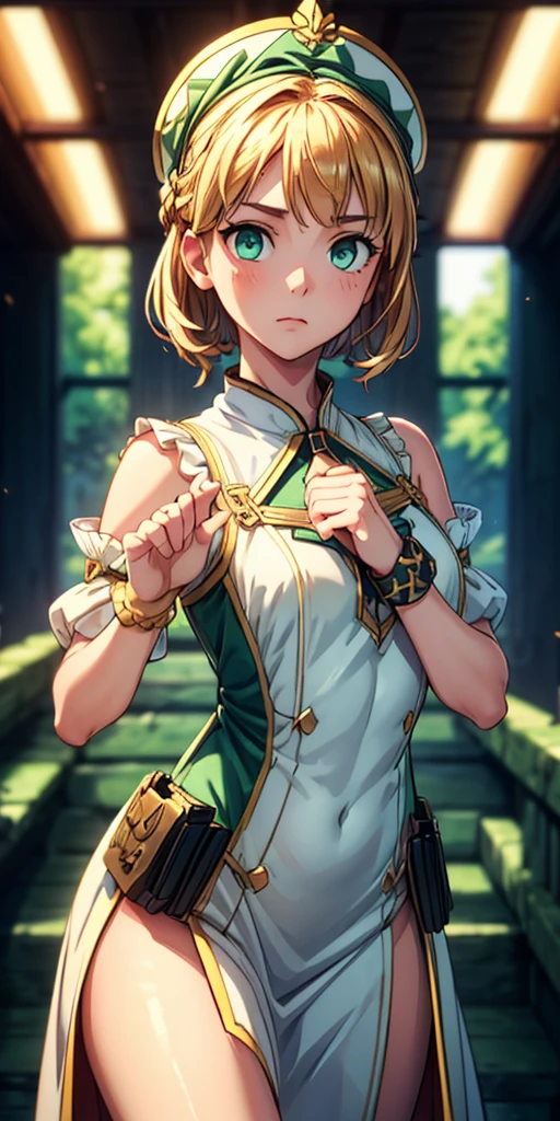 (One girl、Dressed in a dress and hat, girls' frontline, Midsummer themed costumes, multilayered outfit,Dressed, Mid summer、Soio、Top image quality, Transverse conveying，Half-length picture，largeeyes，eye closeup，（with short golden hair），（Green eyes），hair scrunchie，small thighest qualtiy， （stocklings，Elaborate Eyes, head looking up，Reasonable body structure，Young，Extremely detailed face, Perfect lighting, Extremely detailed CG, (Perfect hands, Perfect anatomy)