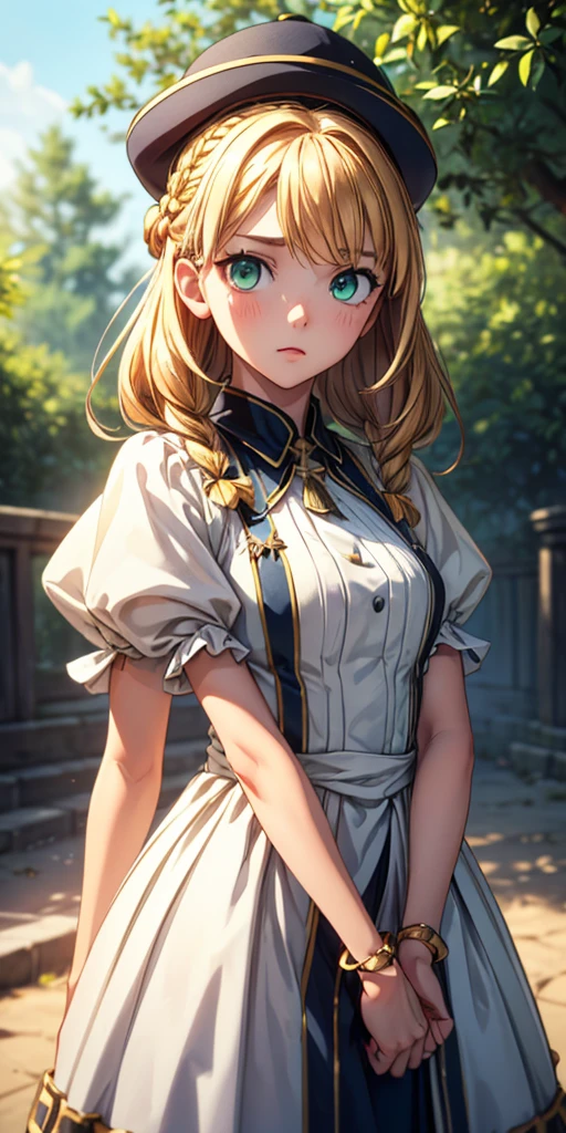 (One girl、Dressed in a dress and hat, girls' frontline, Midsummer themed costumes, multilayered outfit,Dressed, Mid summer、Soio、Top image quality, Transverse conveying，Half-length picture，largeeyes，eye closeup，（with short golden hair），（Green eyes），hair scrunchie，small thighest qualtiy， （stocklings，Elaborate Eyes, head looking up，Reasonable body structure，Young，Extremely detailed face, Perfect lighting, Extremely detailed CG, (Perfect hands, Perfect anatomy)