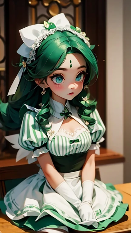 Pastry Chef Fairy、(((Maid clotheint green and white stripes)))、Dreamy cuteness、feminine、looks delicioueringue、voluminous hair、White lace headband、detailed、Masterpiece、Cinema Lighting