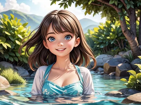 a girl floating on the sea,illustration,detailed waves,sparkling water,crystal clear ocean,best quality,ultra-detailed,realistic...