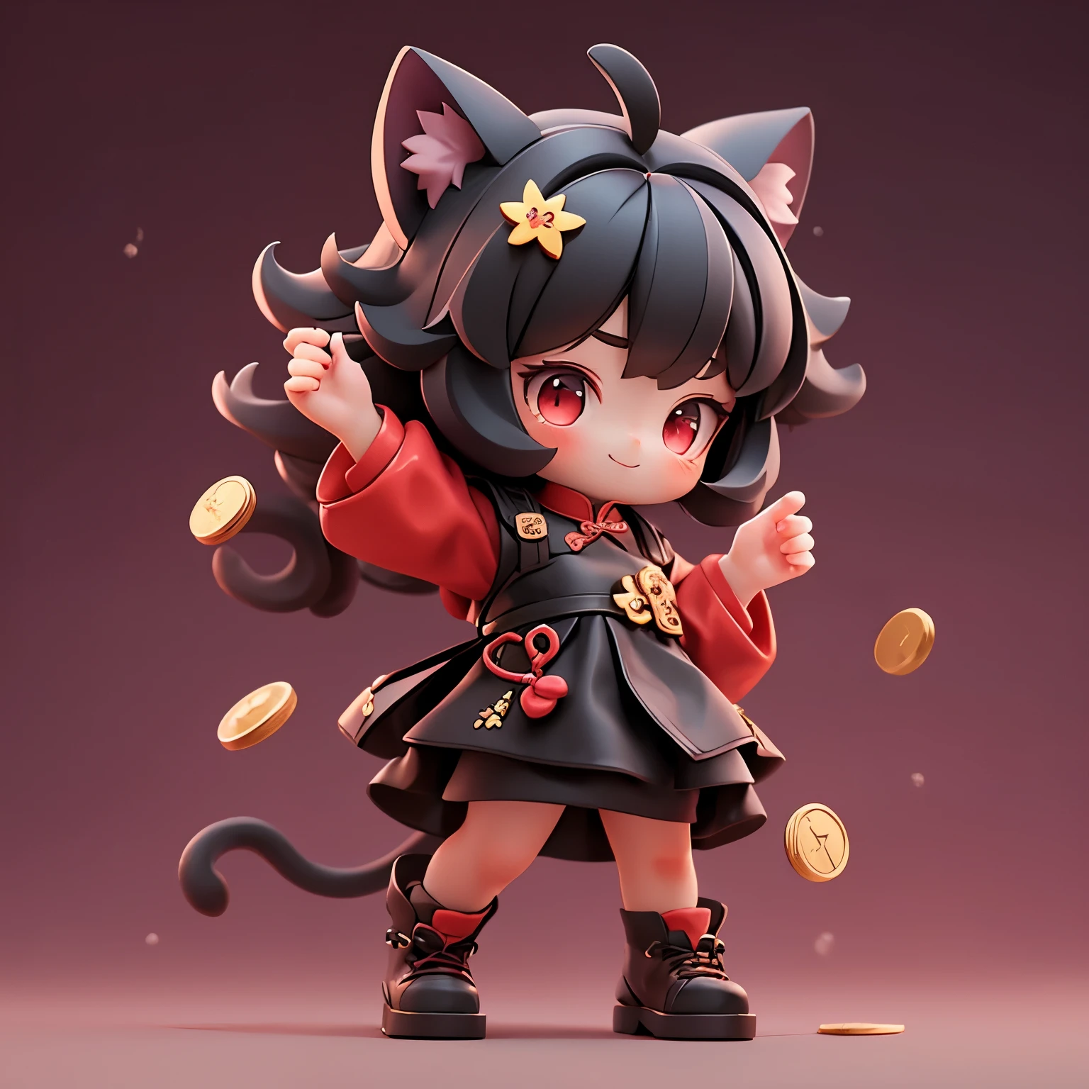 Matte blind box，(Red cheongsam)，Simple background，best quality,Cat ears,Happy expression,Throwing gold coins in hand,standing,a ,black hair,Red eyes

