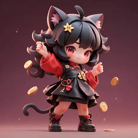 Matte blind box，(Red cheongsam)，Simple background，best quality,Cat ears,Happy expression,Throwing gold coins in hand,standing,a ...