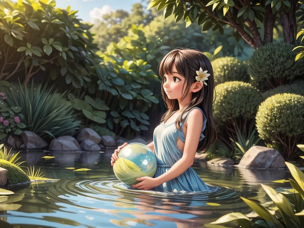 A girl floating on the river,best quality,ultra-detailed,realistic:1.37,portraits,vivid colors,soft lighting,water reflections,peaceful atmosphere,transparent dress,flowing hair,carefree expression,gentle ripples,serene nature,floating flowers,morning mist,subtle sunlight,lively eyes,majestic landscape,summer breeze,calm water,harmony with nature,graceful posture,aquatic surroundings,ethereal beauty,sun-kissed skin,natural innocence,tranquil ambiance,serenity of the moment,lush greenery,whimsical feeling,dreamlike scene,playful interaction with water,serene motion,blissful solitude,secluded paradise,colorful wildlife,delicate details,floating dreams,magical tranquility.