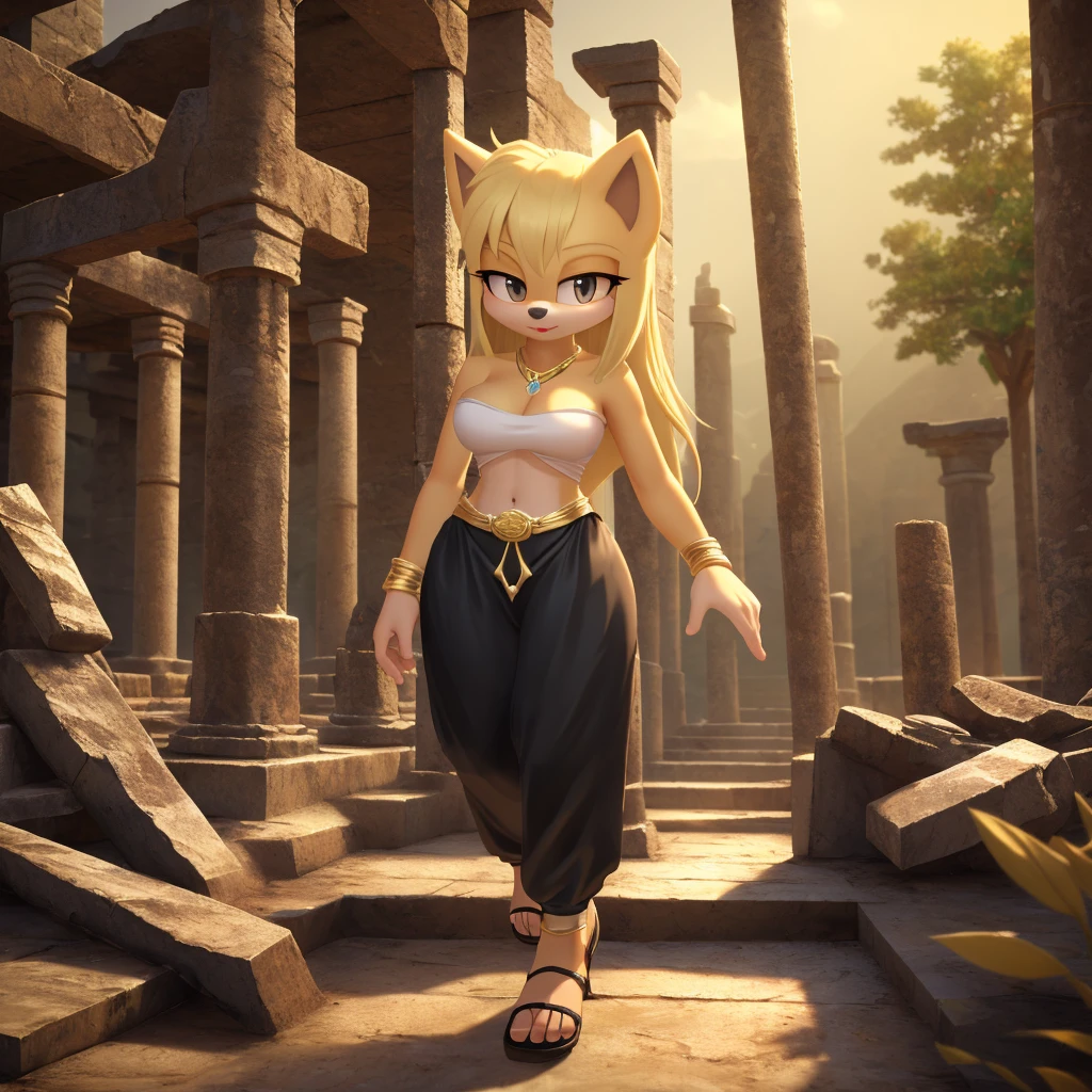 Female, mobian, hedgehog, 1girl, solo, looking at viewer, black low cut tube top, cleavage, blonde fur, long hair, yellow irises, hair bangs, gold wristband rings, gold band around waist, black harem pants, and black genie slippers, ancient temple ruins background, (insanely detailed, masterpiece, best quality, 4k)