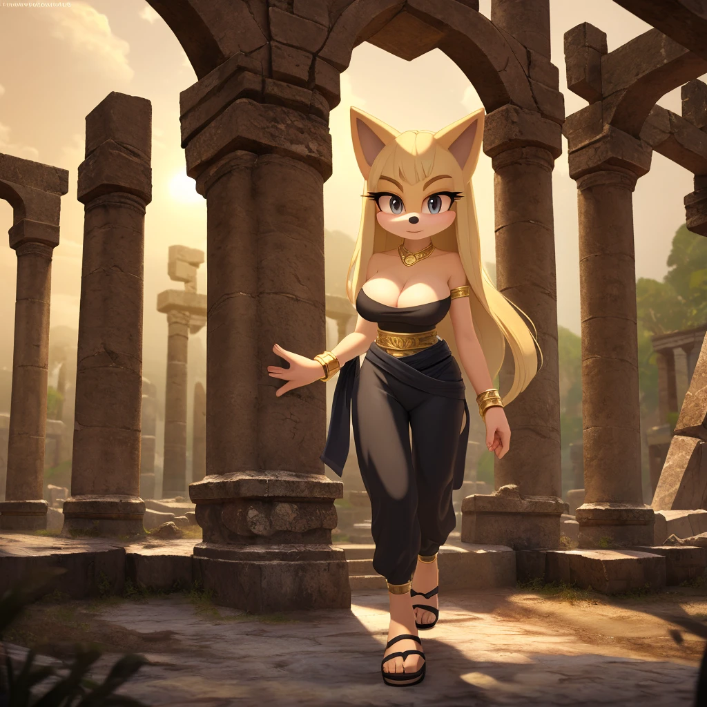 Female, mobian, hedgehog, 1girl, solo, looking at viewer, black low cut tube top, cleavage, blonde fur, long hair, yellow irises, hair bangs, gold wristband rings, gold band around waist, black harem pants, and black genie slippers, ancient temple ruins background, (insanely detailed, masterpiece, best quality, 4k)