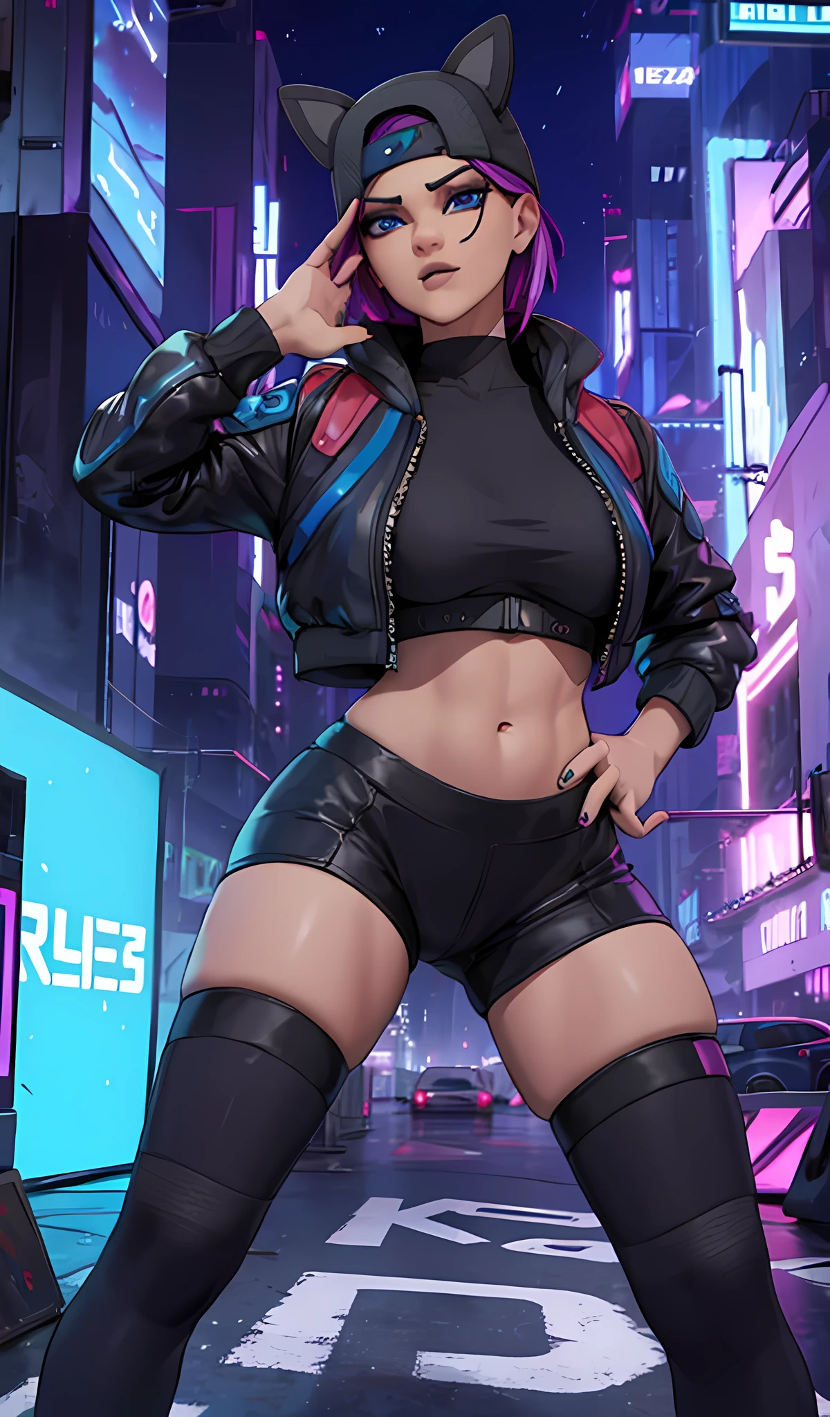 1 girl, sitting, cyberpunk night, blue jacket, black jogger, extremely detailed, Detailed face ,cap ,pies ,hermoso Detailed face, detailed eyes, dynamic pose 