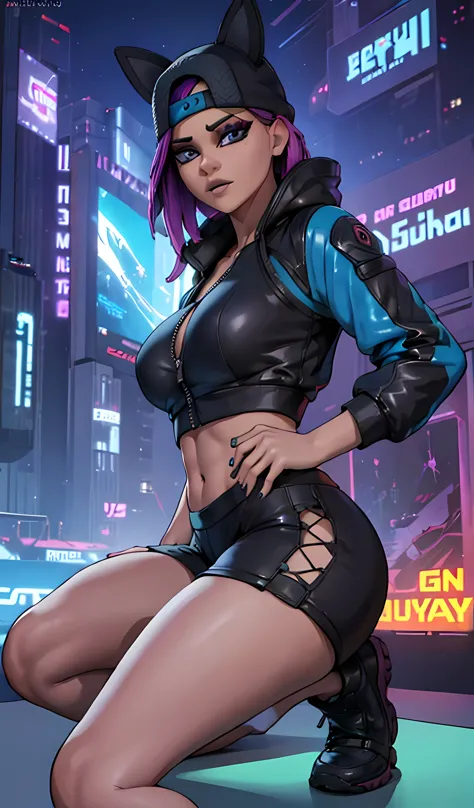 1 chica, sentada, cyberpunk Noche, chaqueta Azul, jogger Negro, Extremadamente detallado, rostro detallado , gorra ,hermoso rost...