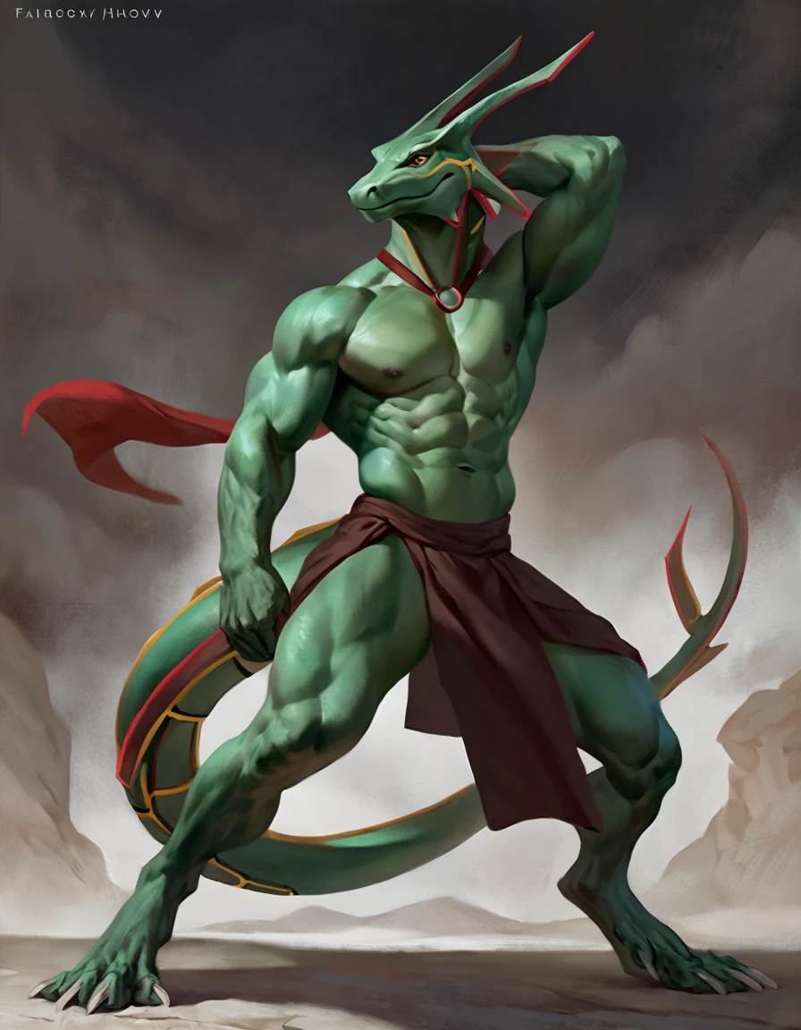 Rayquaza, estilo cómic, ilustración, solo, male, [[pose masculina]], monje, túnicas, Obra maestra, mejor arte, cuerpo completo, por laobai, por Taran Fiddler, por honovy, ojos detallados, cuerpo detallado, garras, Forma del cuerpo masculino, Fantasía, Alto, top-less, pecs, abdominales, pezones