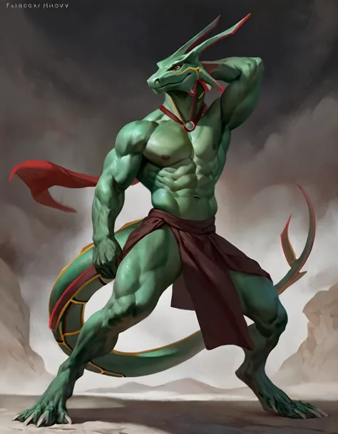 Rayquaza, comic book style, illustration, solo, male, [[masculine pose]], monk, robes, masterpiece, best art, full body, by laob...