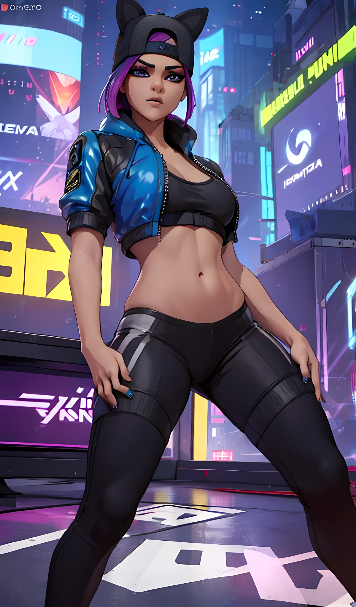 1 girl, sitting, cyberpunk night, blue jacket, black jogger, extremely detailed, Detailed face , cap ,hermoso Detailed face, detailed eyes, dynamic pose 