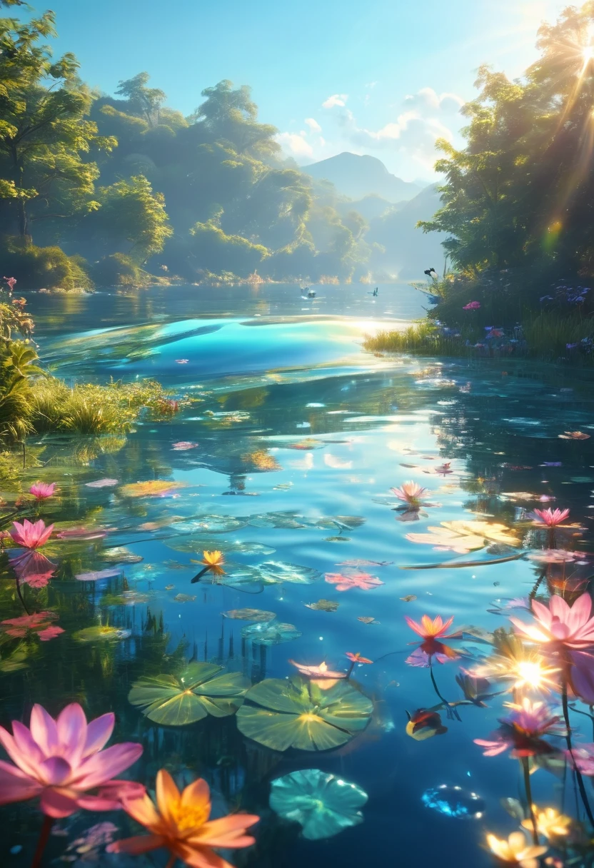 floating,(best quality,4k,8k,highres,masterpiece:1.2),ultra-detailed,peaceful,serene,calm,vibrant colors,gentle waves,soft sunlight,reflection on water,ethereal,tranquil,harmony,nature,surreal,+birds,+clouds,reflection of sky,serenity,luminous water,carefree,blissful,weightless,airy,graceful,+dancing,+light,embrace of water,serene landscape,tranquil atmosphere,a dreamlike sensation,graceful movement,harmonious colors,luminous beauty,sublime tranquility,unbounded freedom,serene bliss,wonderful escape,total relaxation,serene horizon,vivid imagination,peaceful energy,soothing sounds,refreshing ambiance,calming rhythm