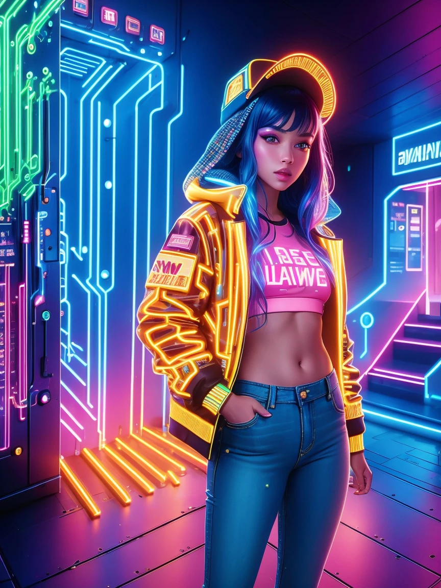 (Neon)，Circuit Board，(Representative :1.2), 16k, neon background, Cyberpunk background, Cyberpunk, get off the sports car, Neon lighting effect reflected on the character's body, neon lighting effect, line neon,1 girl, night, blurred background, brown eyes, cowboy, denim jacket, depth of field, hands in pockets, upper body, slanted body, above hips, hat, hoodie, coat, jeans, lips, looking at the viewer, neon, open clothes, open jacket, slightly lifted lips , rainbow, shirt, solo, standing，(Exquisite and perfect demeanor:1.3)，(dream)，(Ultra HD, masterpiece, precise, Anatomically correct, textured skin, High Detail, high quality, The award-winning, 8k)