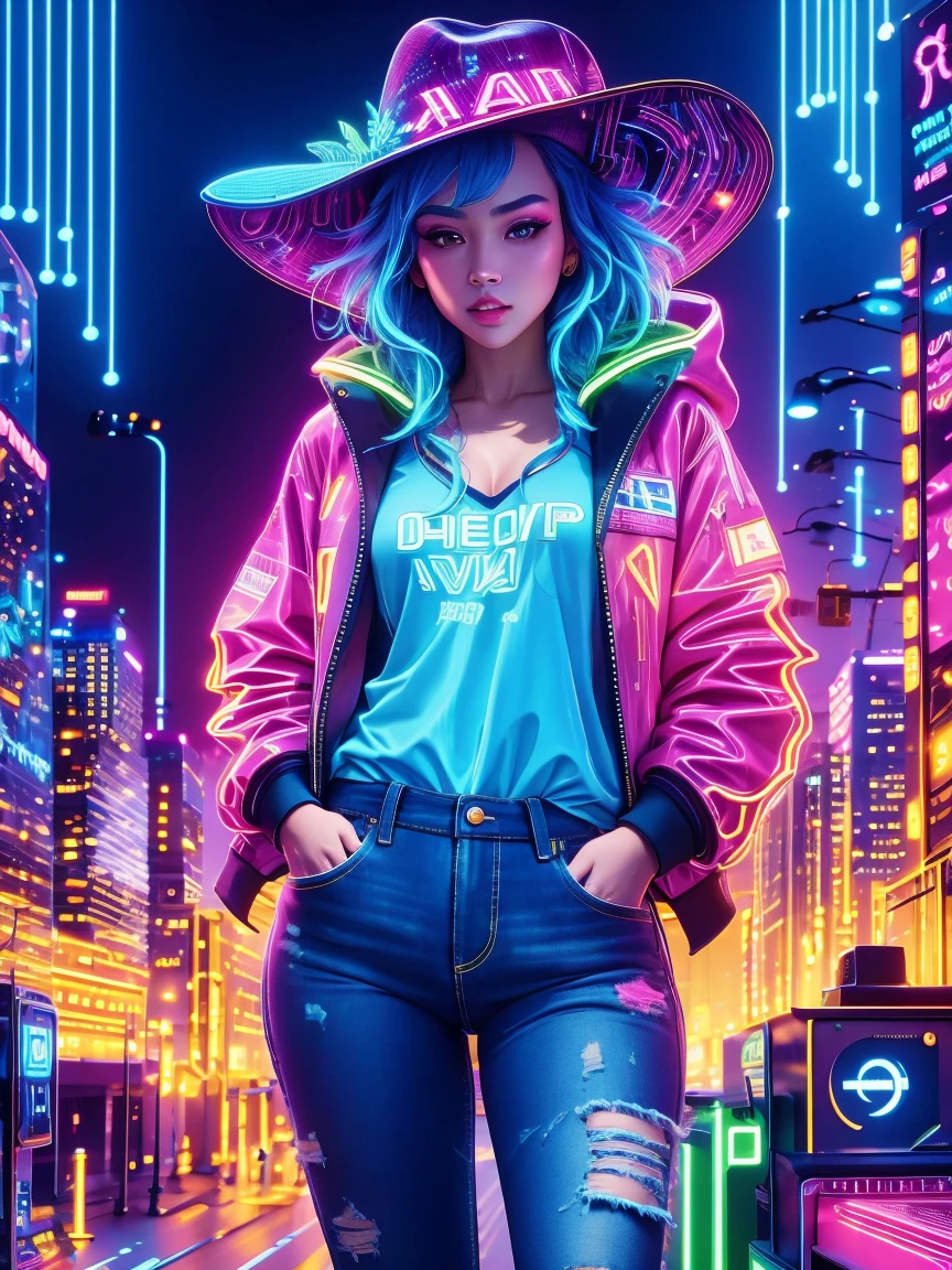 (Neon)，Circuit Board，(Representative :1.2), 16k, neon background, Cyberpunk background, Cyberpunk, get off the sports car, Neon lighting effect reflected on the character's body, neon lighting effect, line neon,1 girl, night, blurred background, brown eyes, cowboy, denim jacket, depth of field, hands in pockets, upper body, slanted body, above hips, hat, hoodie, coat, jeans, lips, looking at the viewer, neon, open clothes, open jacket, slightly lifted lips , rainbow, shirt, solo, standing，(Exquisite and perfect demeanor:1.3)，(dream)，(Ultra HD, masterpiece, precise, Anatomically correct, textured skin, High Detail, high quality, The award-winning, 8k)