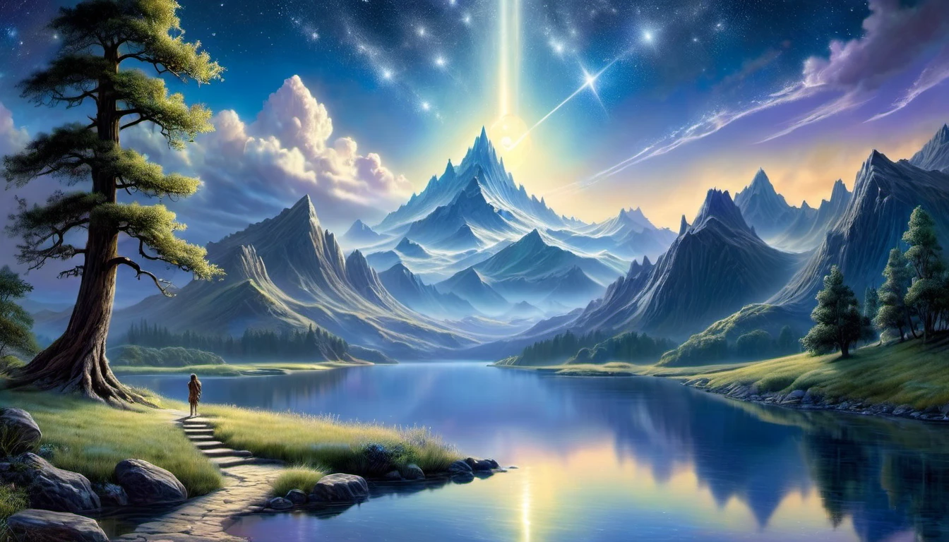 (best quality,4k,8k,highres,masterpiece:1.2),ultra-detailed,(realistic,photorealistic,photo-realistic:1.37),landscapes,fantasy art,starry sky,beautiful mountains,lake reflection,magical atmosphere,concept art,mysterious lighting,ethereal realm,official artwork,dreamlike painting,Ted Nasmith inspired,serene and infinite stars,moonlight and starry environment,artwork with magical highlights,atmospheric art piece,dreamy matte painting,Aether realm,inspired by Ted Nasmith art