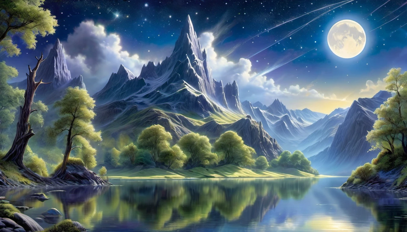 (best quality,4k,8k,highres,masterpiece:1.2),ultra-detailed,(realistic,photorealistic,photo-realistic:1.37),landscapes,fantasy art,starry sky,beautiful mountains,lake reflection,magical atmosphere,concept art,mysterious lighting,ethereal realm,official artwork,dreamlike painting,Ted Nasmith inspired,serene and infinite stars,moonlight and starry environment,artwork with magical highlights,atmospheric art piece,dreamy matte painting,Aether realm,inspired by Ted Nasmith art