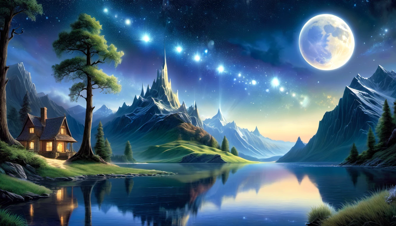 (best quality,4k,8k,highres,masterpiece:1.2),ultra-detailed,(realistic,photorealistic,photo-realistic:1.37),landscapes,fantasy art,starry sky,beautiful mountains,lake reflection,magical atmosphere,concept art,mysterious lighting,ethereal realm,official artwork,dreamlike painting,Ted Nasmith inspired,serene and infinite stars,moonlight and starry environment,artwork with magical highlights,atmospheric art piece,dreamy matte painting,Aether realm,inspired by Ted Nasmith art