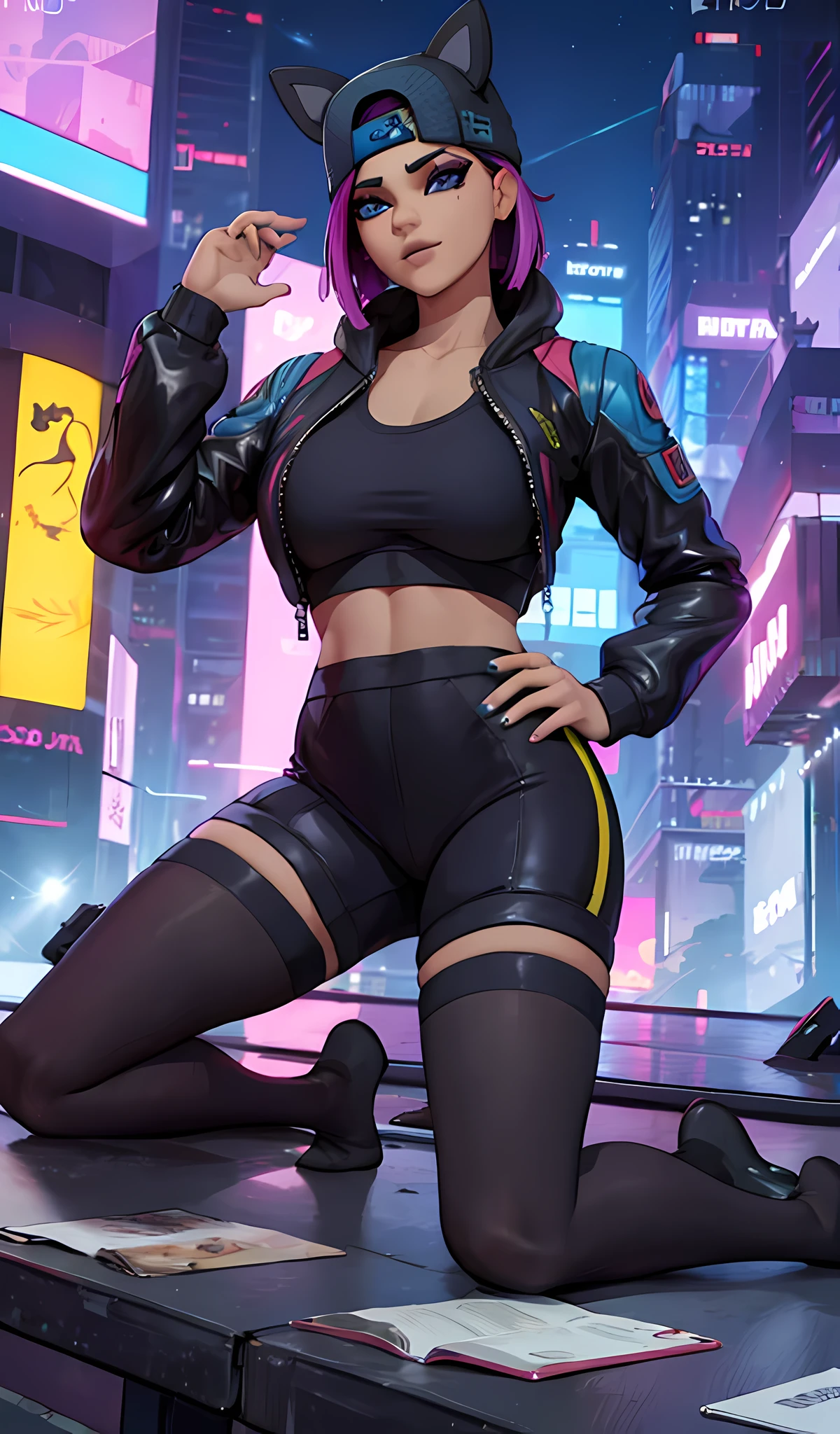 1 girl, sitting, cyberpunk night, blue jacket, black jogger, extremely detailed, Detailed face , cap ,hermoso Detailed face, detailed eyes, dynamic pose 