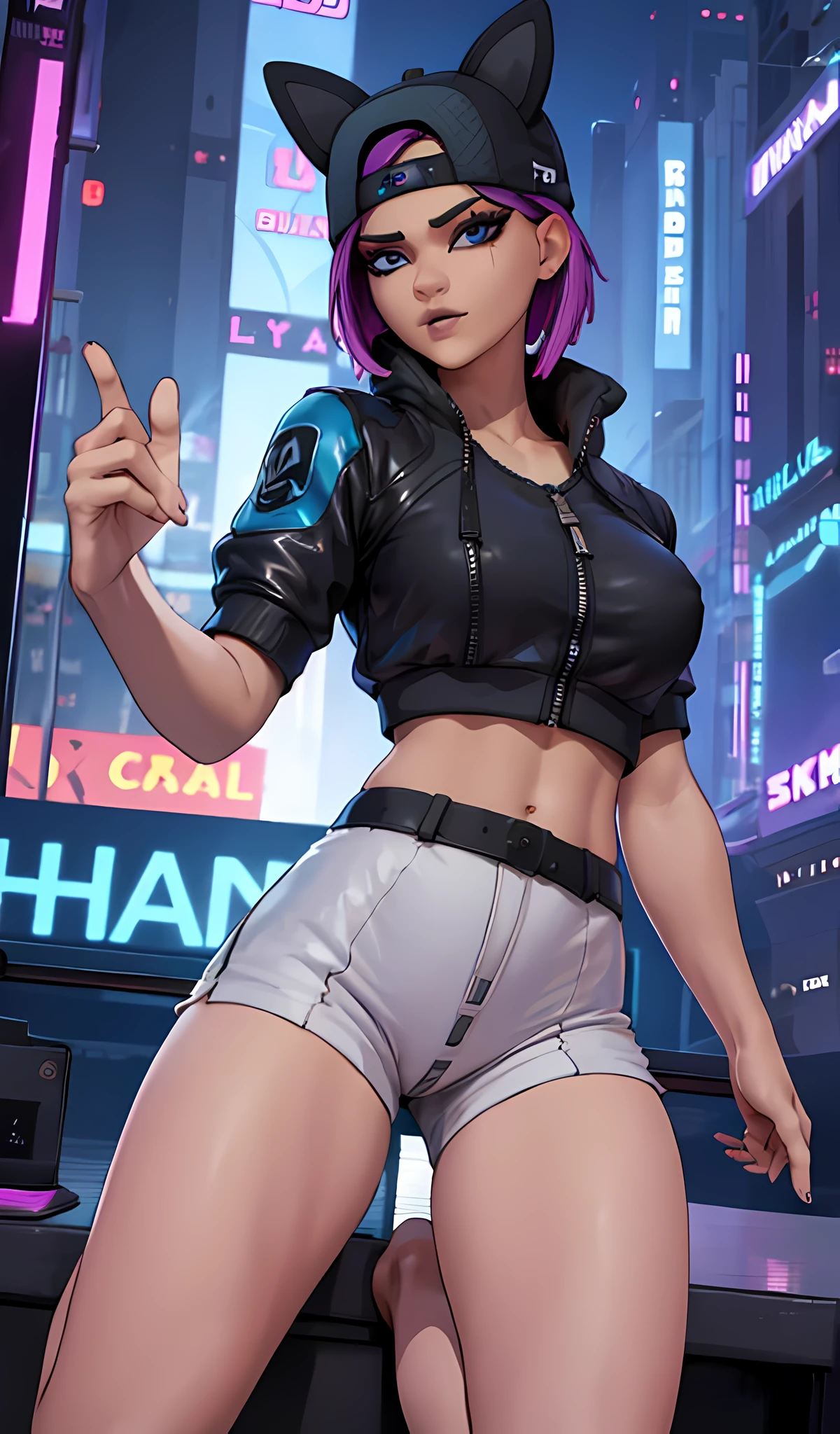 1 girl, sitting, cyberpunk night, blue jacket, black jogger, extremely detailed, Detailed face , cap ,hermoso Detailed face, detailed eyes, dynamic pose 