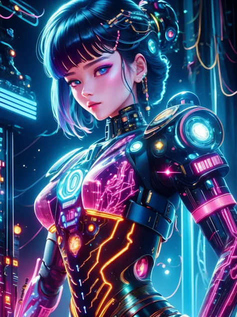 (neon)，circuit board，(1 mechanical girl)，(holding a sword:1.3)，shadow，super sharp，(metal)，(cool colors)，rendering on cgsociety，f...