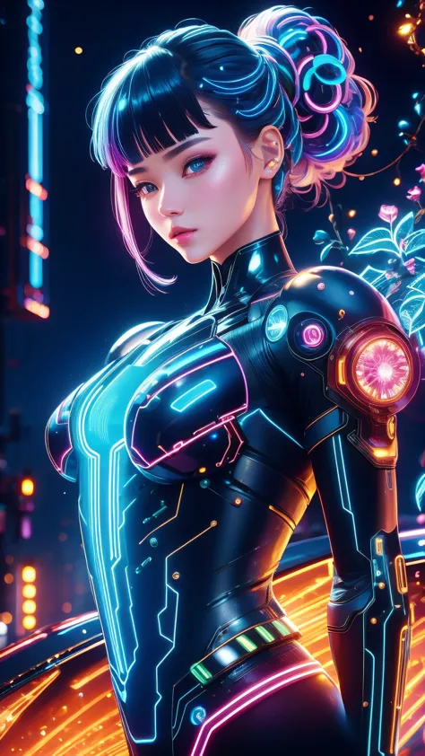 (Neon)，Circuit Board，(1 Mechanical Girl)，(Holding a sword:1.3)，shadow，Super sharp，(Metal)，(Cool colors)，Rendering on cgsociety，F...