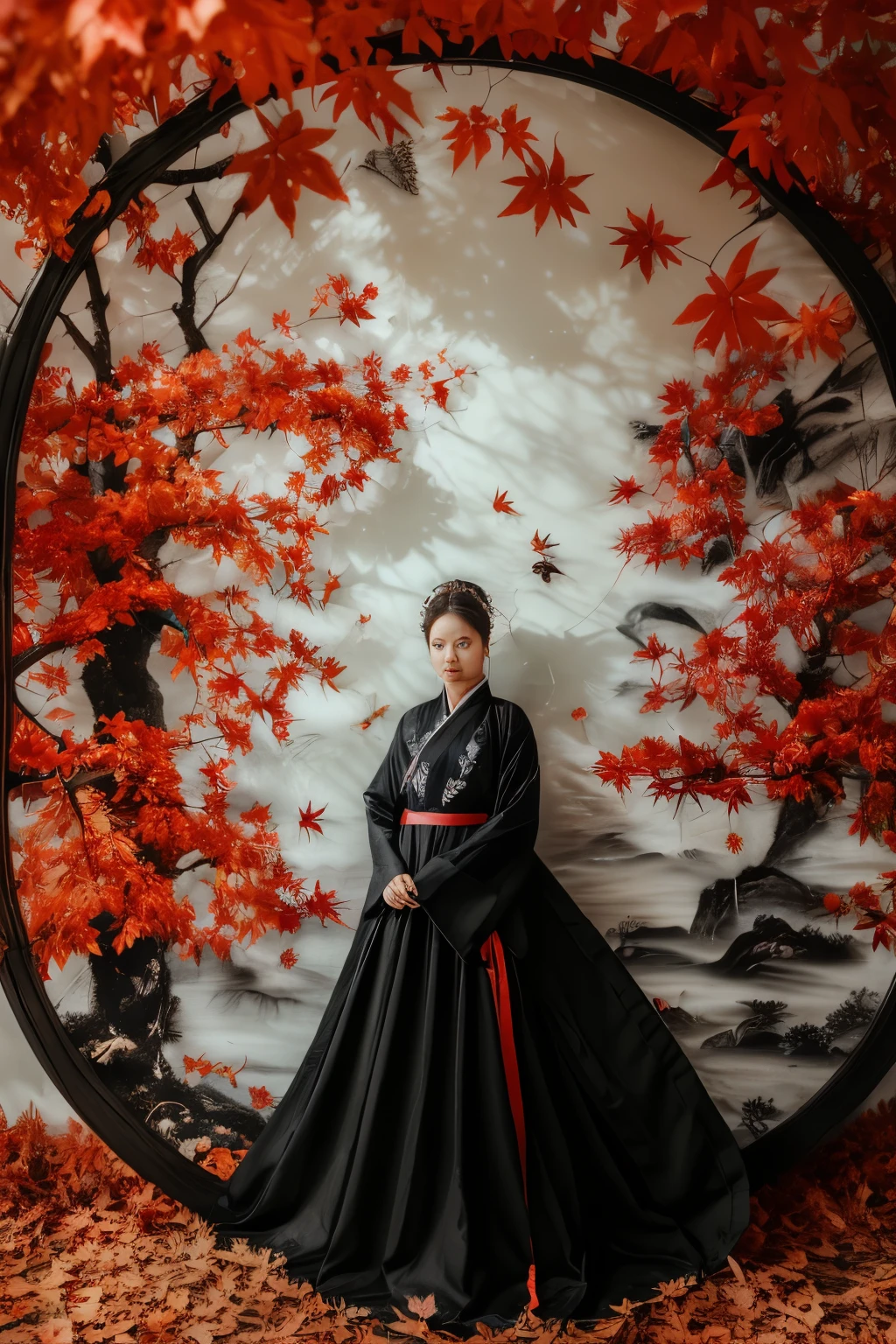 qiu,1girl,black hanfu,embroidery craft,circular mural,simple_background,symmetrical composition,front,look at the camera,autumn theme,tree,maple_leaf,new chinese style,Cinematic Lighting,maple leaves fall to the ground,front light,, cinematic,a sense of scale and narrative,ethereal scenes,peaceful solitude,stunning contrasts and shadow,introspection,8k,Photography,super detailed,hyper realistic,masterpiece,Depth of field,Bright color,Super lightsensation,Caustic,