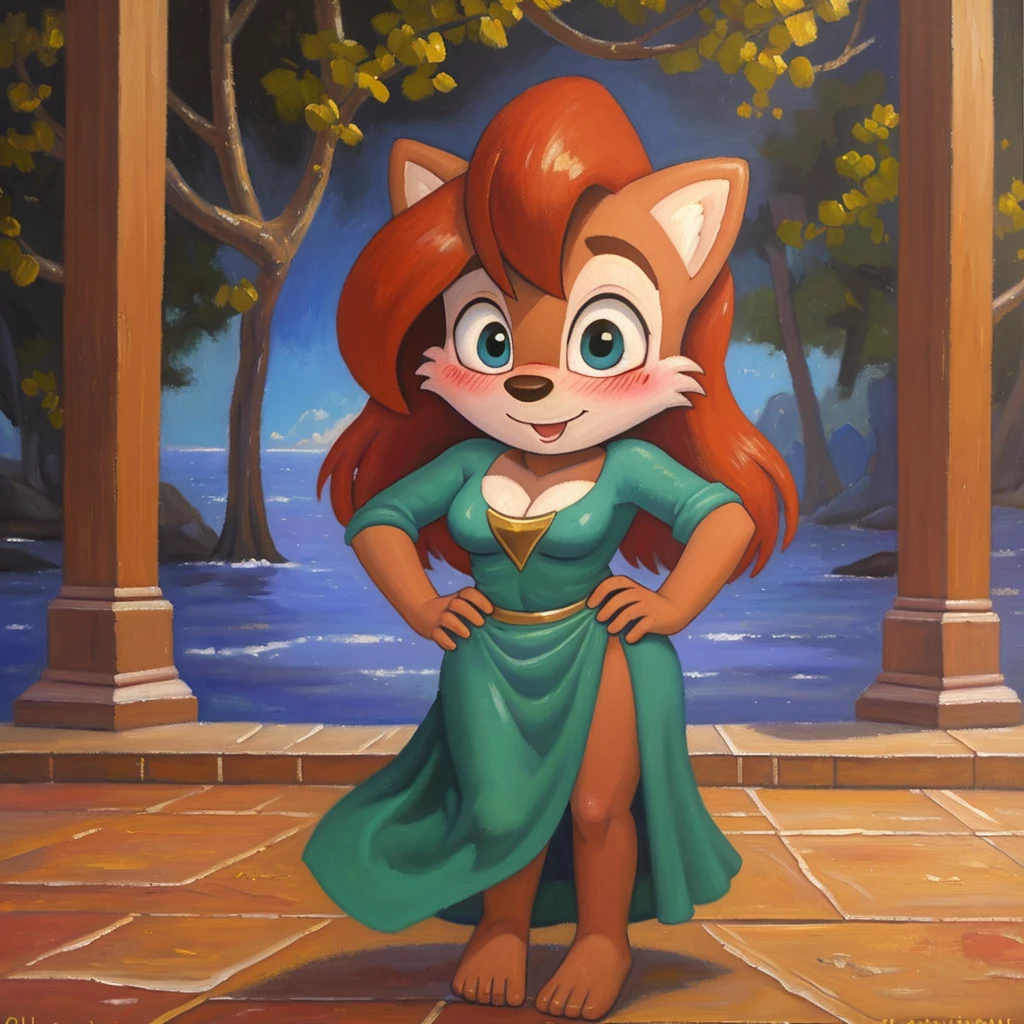 (((pintura a óleo))), (Sally Acorn biblicamente precisa), (rubor profundo:1.3), corpo tonificado voando no céu, tiro de corpo inteiro, mãos nos próprios quadris, vestido longo com cortina pélvica, alegre,