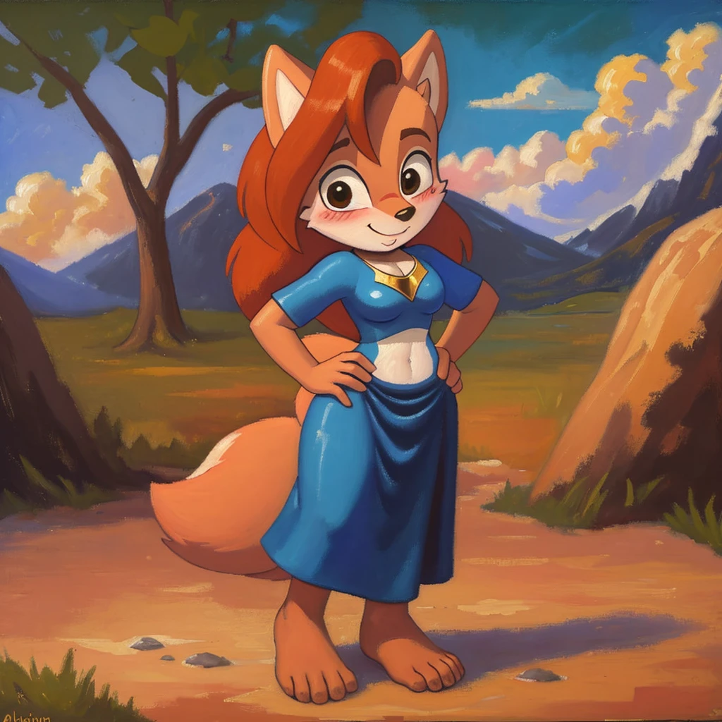 (((oil painting))), (biblically accurate Sally Acorn), (deep blush:1.3), toned body flying in the sky, full body shot, hands on own hips, long gown with pelvic curtain, gleeful,