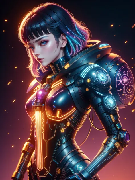 (neon)，circuit board，(1 mechanical girl)，(holding a sword:1.3)，shadow，super sharp，(metal)，(cool colors)，rendering on cgsociety，f...