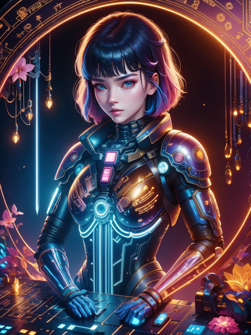 (Neon)，Circuit Board，(1 Mechanical Girl)，(Holding a sword:1.3)，shadow，Super sharp，(Metal)，(Cool colors)，Rendering on cgsociety，Facing the camera，Mechanical limbs，Mechanical cervical vertebra hanging on the neck，(Ghost in the Shell:1.3)，Anime art style，Looking at the audience，(Ultra-realistic details)，玻璃般闪闪Luminescence的眼睛，模糊dream，Muscle tone and definition，High contrast eyes，finely detailed features，Stunning colors，Movie lighting effects，Ultra wide angle，Light Particles，Light Particles艺术，(Luminescence:1.1), adamxl acg，(Exquisite and perfect demeanor:1.3)，(dream)，(Ultra HD, masterpiece, precise, Anatomically correct, textured skin, High Detail, high quality, The award-winning, 8k)