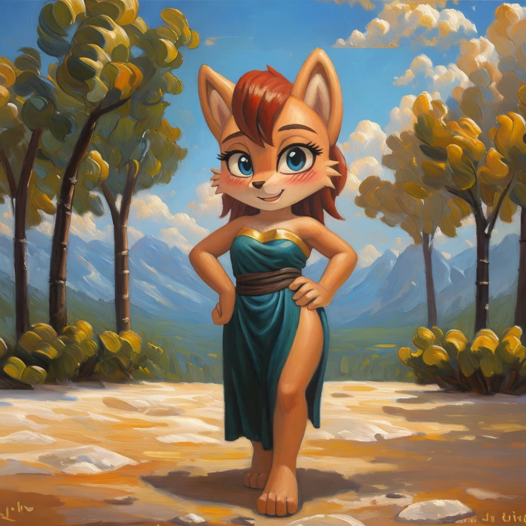 (((pintura a óleo))), (Sally Acorn biblicamente precisa), (rubor profundo:1.3), corpo tonificado voando no céu, tiro de corpo inteiro, mãos nos próprios quadris, vestido longo com cortina pélvica, alegre,