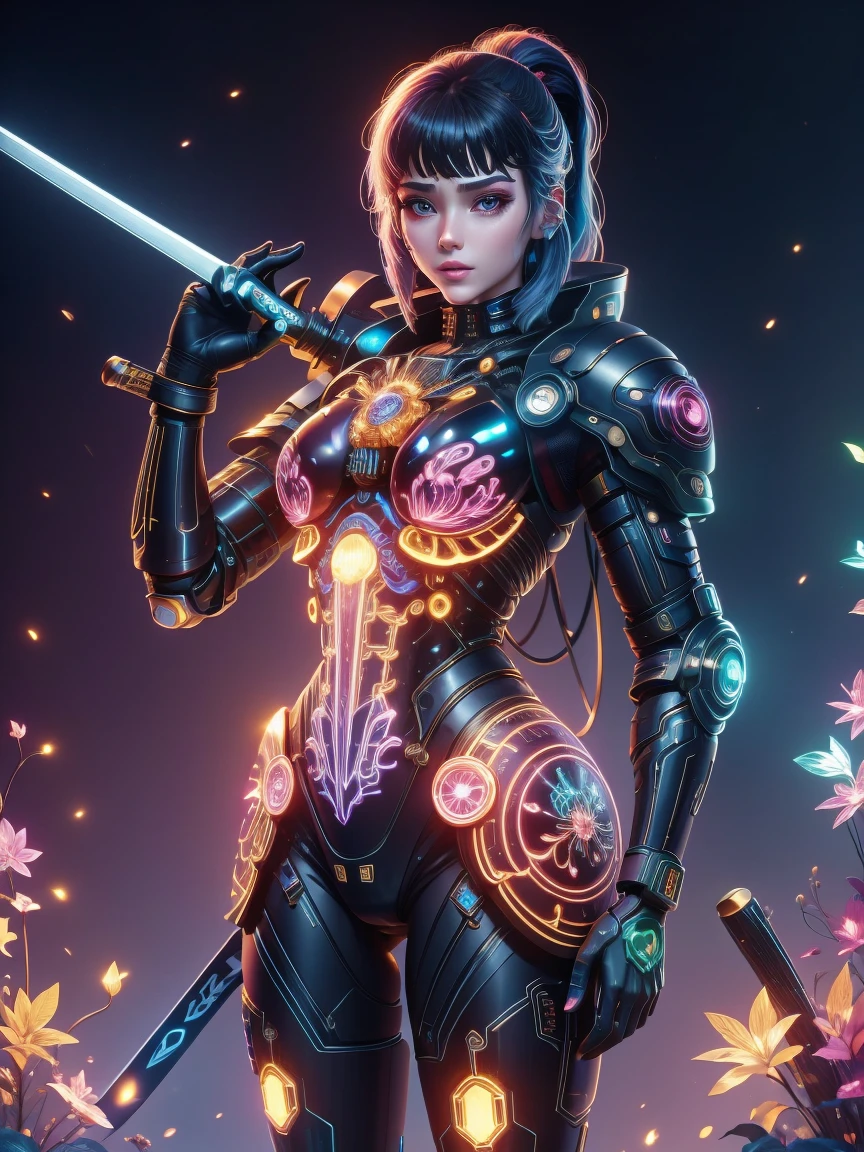 (Neon)，Circuit Board，(1 Mechanical Girl)，(Holding a sword:1.4)，shadow，Super sharp，(Metal)，(Cool colors)，Rendering on cgsociety，Facing the camera，Mechanical limbs，Mechanical cervical vertebra hanging on the neck，(Ghost in the Shell:1.3)，Anime art style，Looking at the audience，(Ultra-realistic details)，玻璃般闪闪Luminescence的眼睛，模糊dream，Muscle tone and definition，High contrast eyes，finely detailed features，Stunning colors，Movie lighting effects，Ultra wide angle，Light Particles，Light Particles艺术，(Luminescence:1.1), adamxl acg，(Exquisite and perfect demeanor:1.3)，(dream)，(Ultra HD, masterpiece, precise, Anatomically correct, textured skin, High Detail, high quality, The award-winning, 8k), Over_shoulder