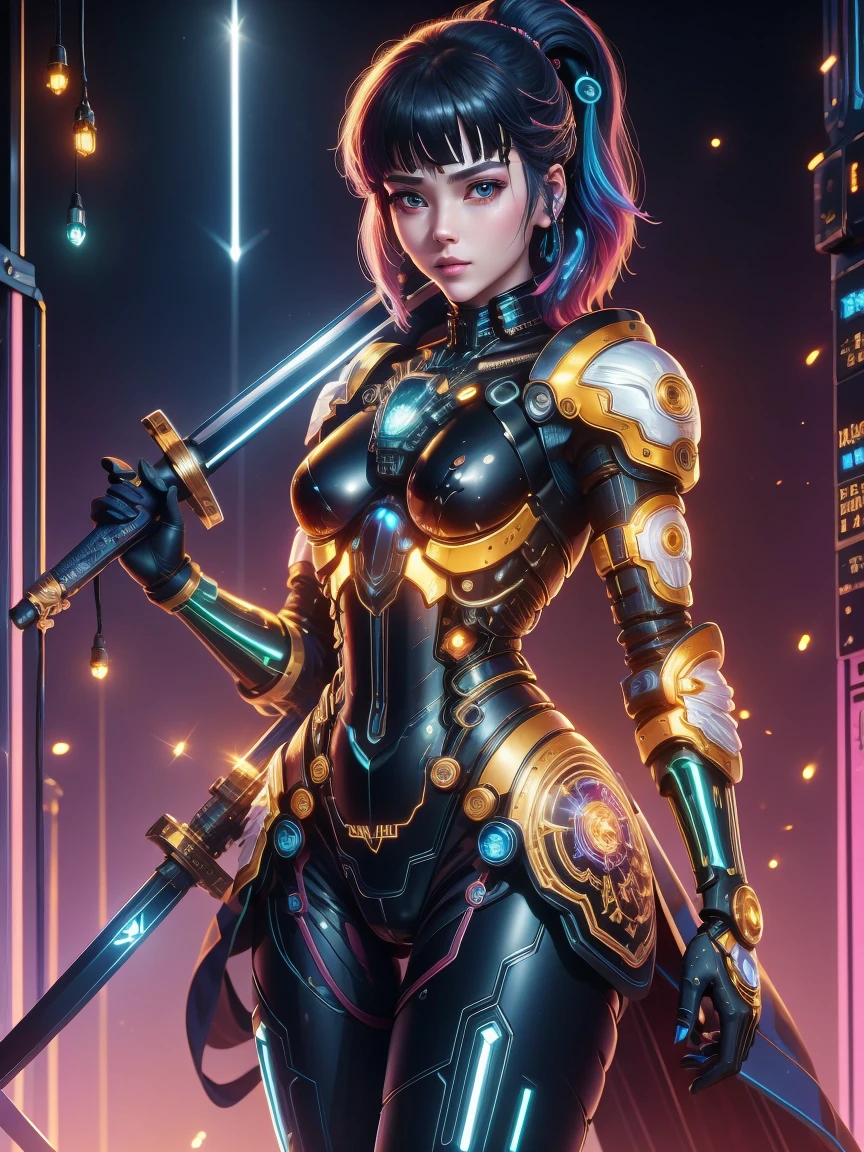 (Neon)，Circuit Board，(1 Mechanical Girl)，(Holding a sword:1.4)，shadow，Super sharp，(Metal)，(Cool colors)，Rendering on cgsociety，Facing the camera，Mechanical limbs，Mechanical cervical vertebra hanging on the neck，(Ghost in the Shell:1.3)，Anime art style，Looking at the audience，(Ultra-realistic details)，玻璃般闪闪Luminescence的眼睛，模糊dream，Muscle tone and definition，High contrast eyes，finely detailed features，Stunning colors，Movie lighting effects，Ultra wide angle，Light Particles，Light Particles艺术，(Luminescence:1.1), adamxl acg，(Exquisite and perfect demeanor:1.3)，(dream)，(Ultra HD, masterpiece, precise, Anatomically correct, textured skin, High Detail, high quality, The award-winning, 8k), Over_shoulder