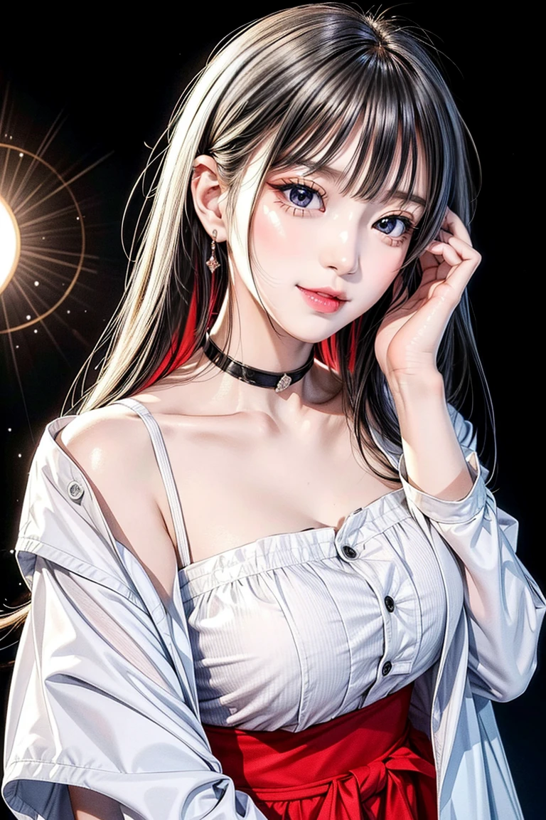 シンプルなwhiteい背景, ribbon_choker,clavicle, length_sleeve, Open_Clothes, Open_Jacket, red_Jacket, white_shirt, 前hair, black_eye, black_hair, dull_前hair,length_hair,Single Blade, 1 girl, 20 years,young woman,beautiful Finger,beautiful length legs,beautiful body, beautiful Nose,beautiful character design, perfect eye, perfect face,expressive eye,Perfect balance, View your viewers,(Focus on her face),Mouth closed, (Innocent_big_eye:1.0),(Light_笑face:1.0), Official Art,Very detailed CG ユニティ 8k 壁紙, Perfect lighting,colorful, bright_front_face_Lighting,whiteい肌, (masterpiece:1.0),(Highest_quality:1.0), 超High resolution,4K,Very detailed, photograph, 8k, High resolution, High resolution, Absurd:1.2, Kodak Portrait 400, Film Grain, Blurred Background, Bokeh:1.2, Lens flare, (Vibrant_color:1.2),プロのphotograph, (beautiful,big_chest:1.4), (beautiful_face:1.5),(narrow_Waist),