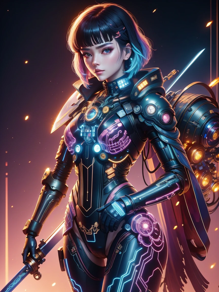 (Neon)，Circuit Board，(1 Mechanical Girl)，(Holding a sword:1.4)，shadow，Super sharp，(Metal)，(Cool colors)，Rendering on cgsociety，Facing the camera，Mechanical limbs，Mechanical cervical vertebra hanging on the neck，(Ghost in the Shell:1.3)，Anime art style，Looking at the audience，(Ultra-realistic details)，玻璃般闪闪Luminescence的眼睛，模糊dream，Muscle tone and definition，High contrast eyes，finely detailed features，Stunning colors，Movie lighting effects，Ultra wide angle，Light Particles，Light Particles艺术，(Luminescence:1.1), adamxl acg，(Exquisite and perfect demeanor:1.3)，(dream)，(Ultra HD, masterpiece, precise, Anatomically correct, textured skin, High Detail, high quality, The award-winning, 8k), Over_shoulder