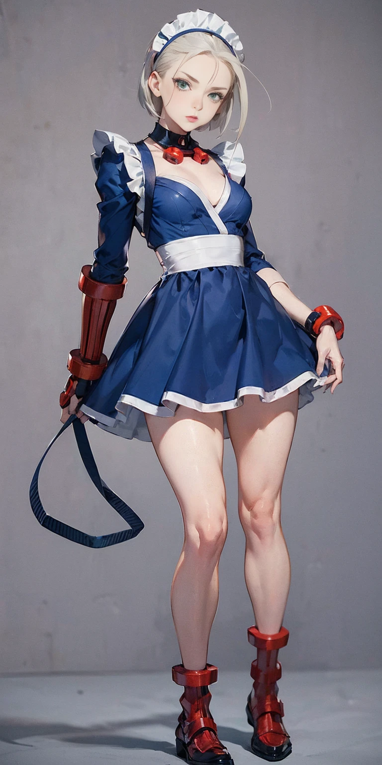 (masterpiece, top quality, best quality), 1girl, full body, white silver hair, green eyes, blue maid dress (Cammy White Street Fighter 6 | Goofy AI) (white skin:1.2)(shiny body)