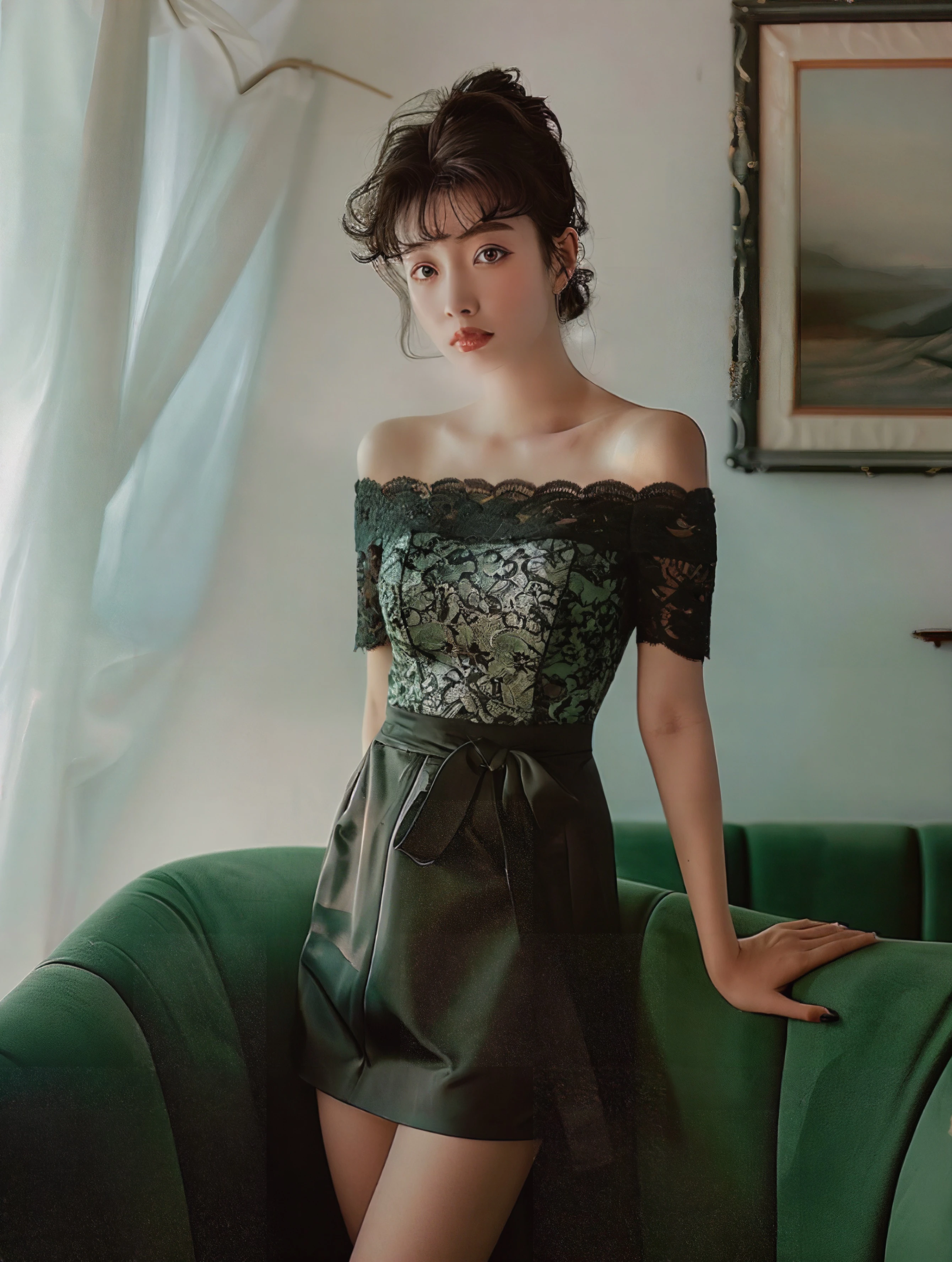 女孩靠在绿色的沙发前，欧式装饰与整体风格相得益彰