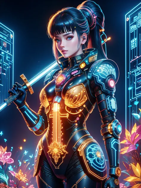 (Neon)，Circuit Board，(1 Mechanical Girl)，(Holding a sword:1.4)，shadow，Super sharp，(Metal)，(Cool colors)，Rendering on cgsociety，F...