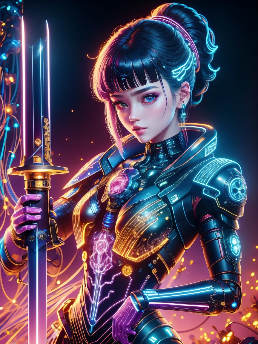 (Neon)，Circuit Board，(1 Mechanical Girl)，(Holding a sword:1.4)，shadow，Super sharp，(Metal)，(Cool colors)，Rendering on cgsociety，Facing the camera，Mechanical limbs，Mechanical cervical vertebra hanging on the neck，(Ghost in the Shell:1.3)，Anime art style，Looking at the audience，(Ultra-realistic details)，玻璃般闪闪Luminescence的眼睛，模糊dream，Muscle tone and definition，High contrast eyes，finely detailed features，Stunning colors，Movie lighting effects，Ultra wide angle，Light Particles，Light Particles艺术，(Luminescence:1.1), adamxl acg，(Exquisite and perfect demeanor:1.3)，(dream)，(Ultra HD, masterpiece, precise, Anatomically correct, textured skin, High Detail, high quality, The award-winning, 8k), Over_shoulder